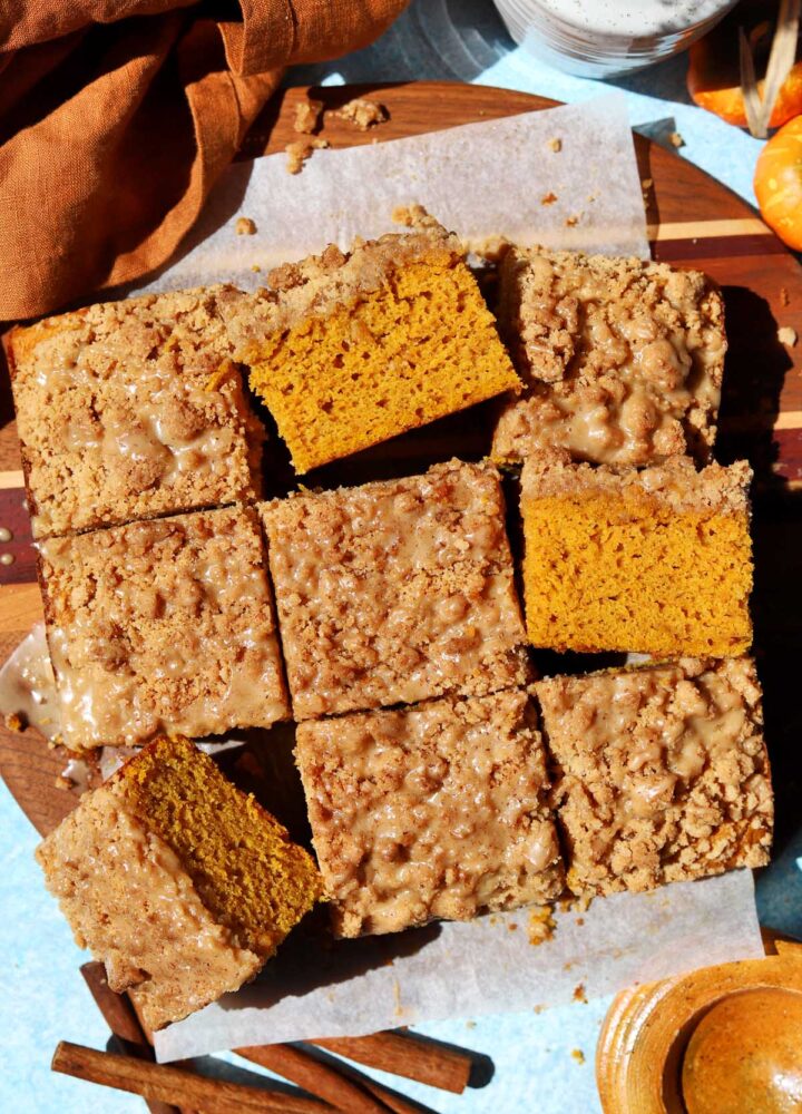 top view of the best pumpkin coffee cake sliced