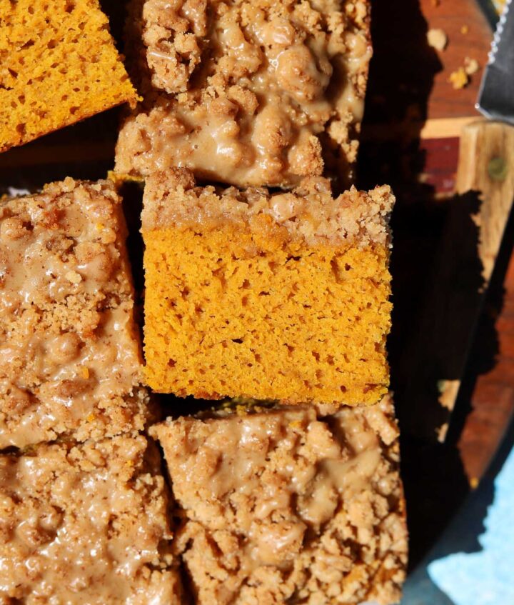 top view of the best pumpkin coffee cake sliced