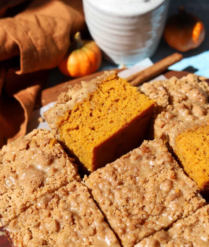 top view of the best pumpkin coffee cake sliced showing soft crumb texture