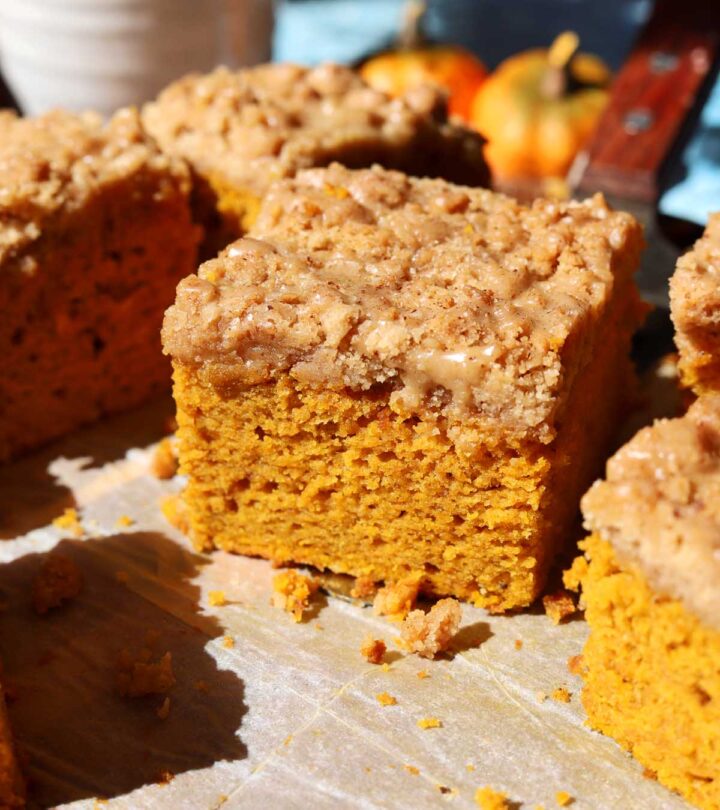 slice of the best pumpkin coffee cake on a cake server