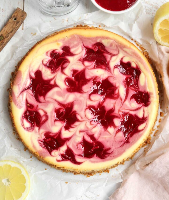 top view of raspberry lemonade cheesecake