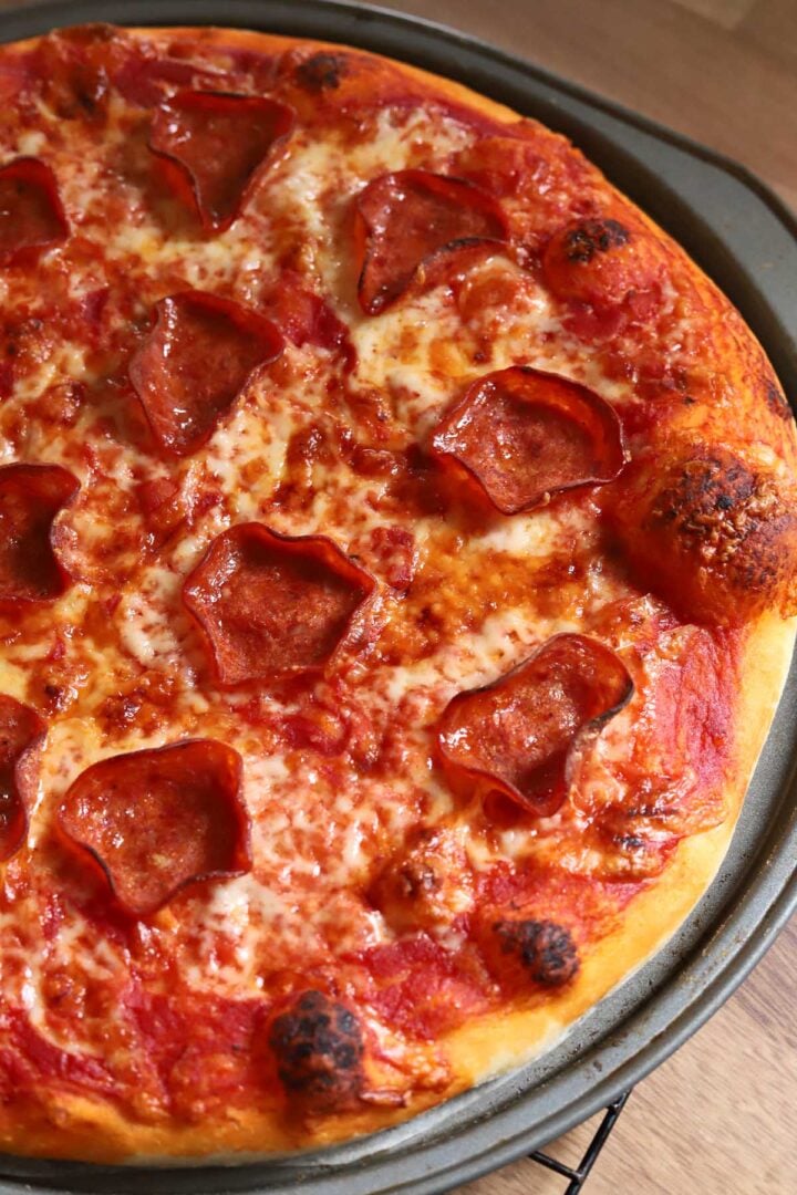 homemade pizza after baking with pepperoni and cheese