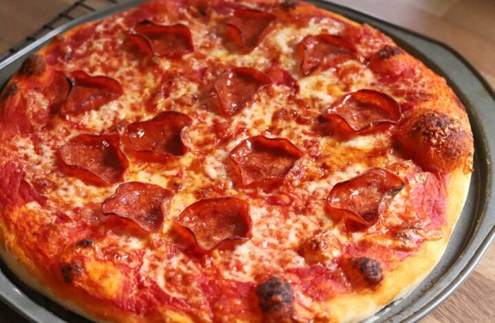 homemade pizza after baking with pepperoni and cheese