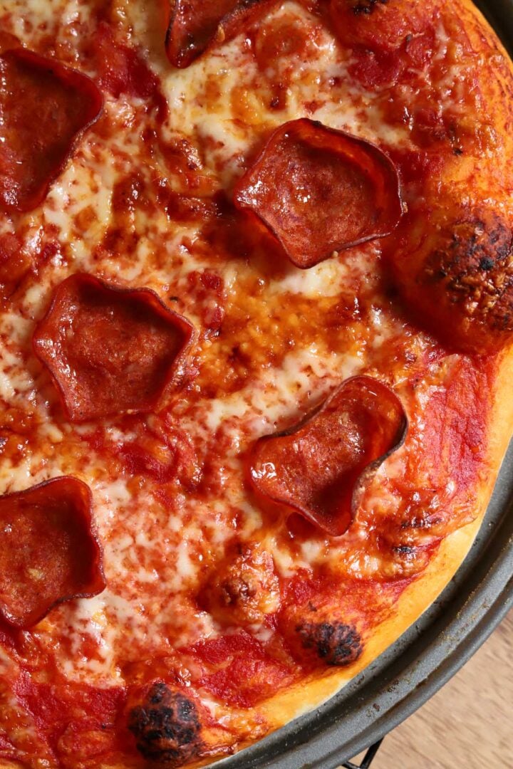 homemade pizza after baking with pepperoni and cheese