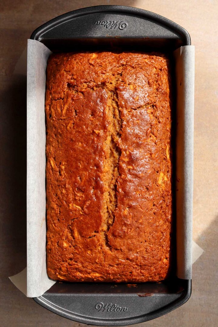 brown butter apple bread baked in loaf pan