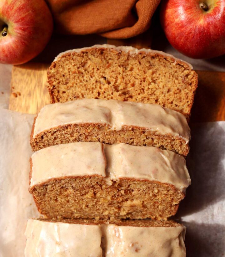 top view of a sliced brown butter apple bread on cutting board