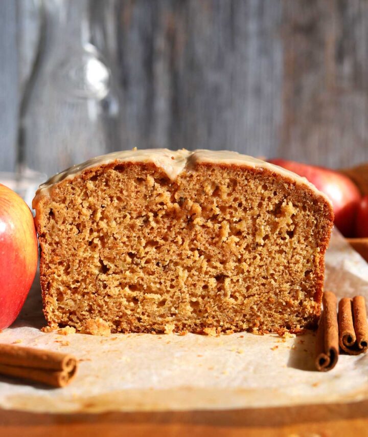 direct view of brown butter apple bread showing crumb texture