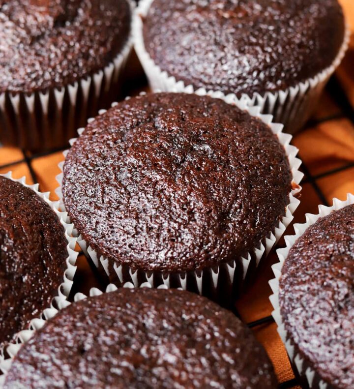 moist chocolate cupcakes cooling on a wire rack