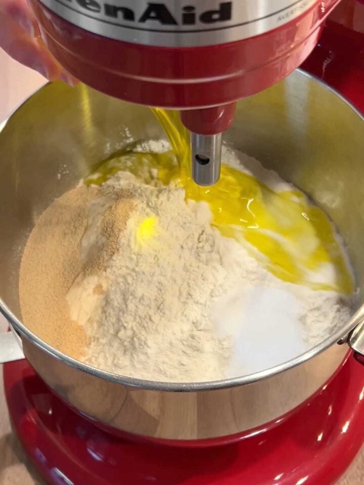 combine all pizza dough ingredients in the mixer bowl