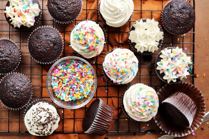 top view of best moist chocolate cupcakes with the best vanilla buttercream frosting