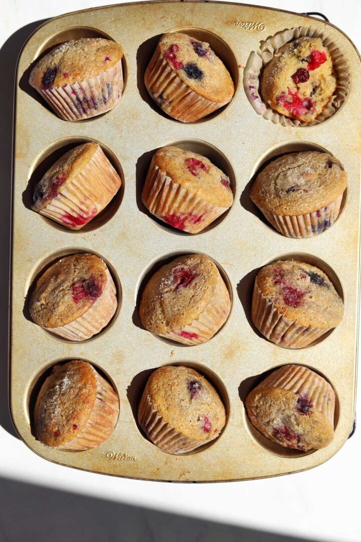 orange olive oil greek yogurt berry muffins in muffin pan