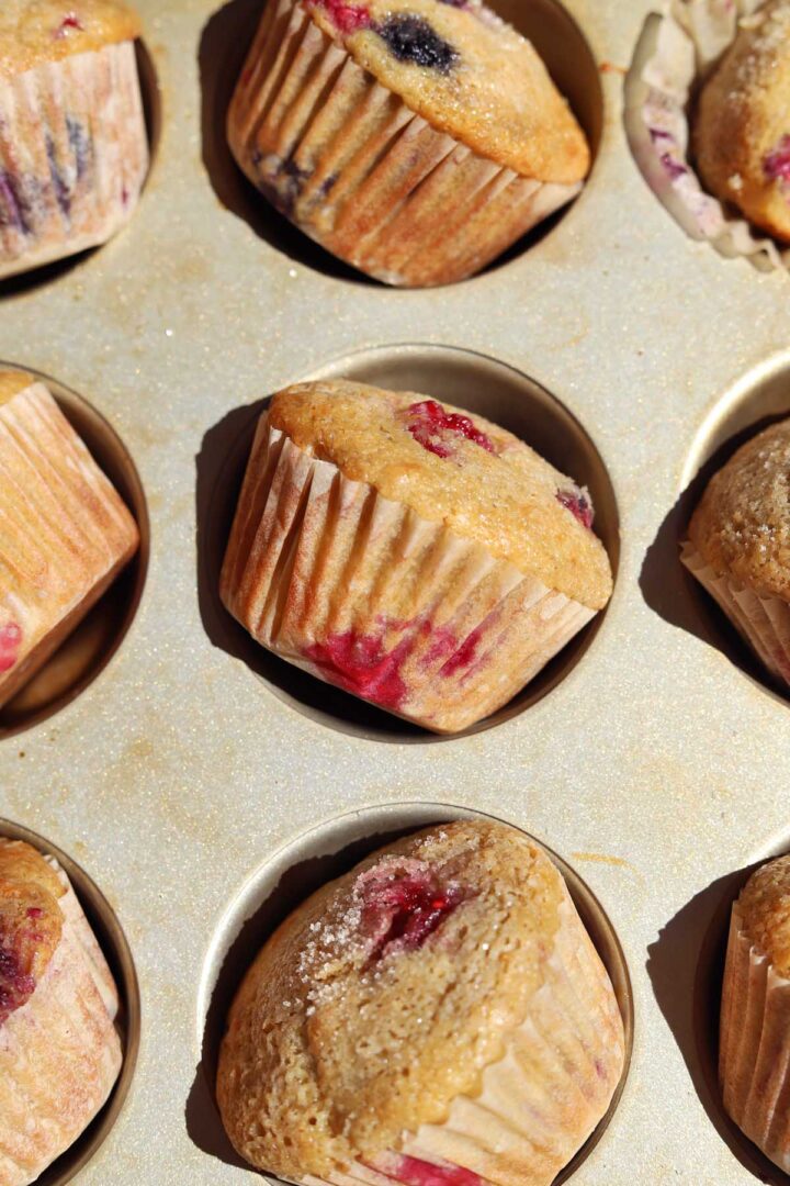 orange olive oil greek yogurt berry muffins in muffin pan