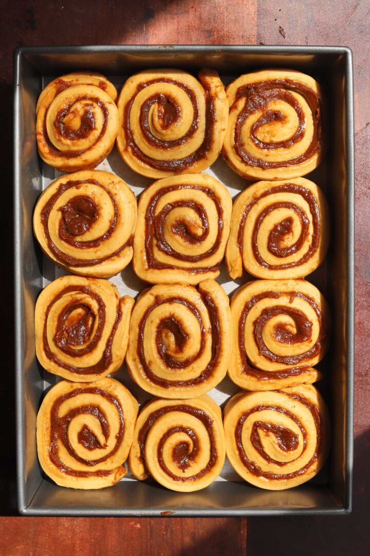 best pumpkin cinnamon roll dough rolled up with pumpkin cinnamon filling in baking pan before proofing