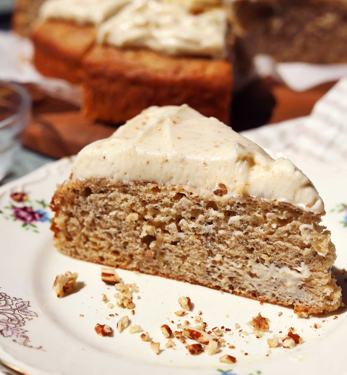 sliced of brown butter banana cake on a plate