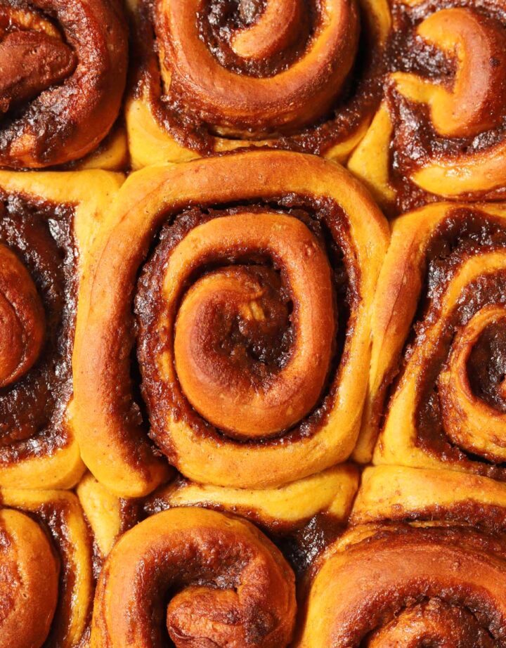 top view of the best pumpkin cinnamon rolls in baking pan before adding frosting