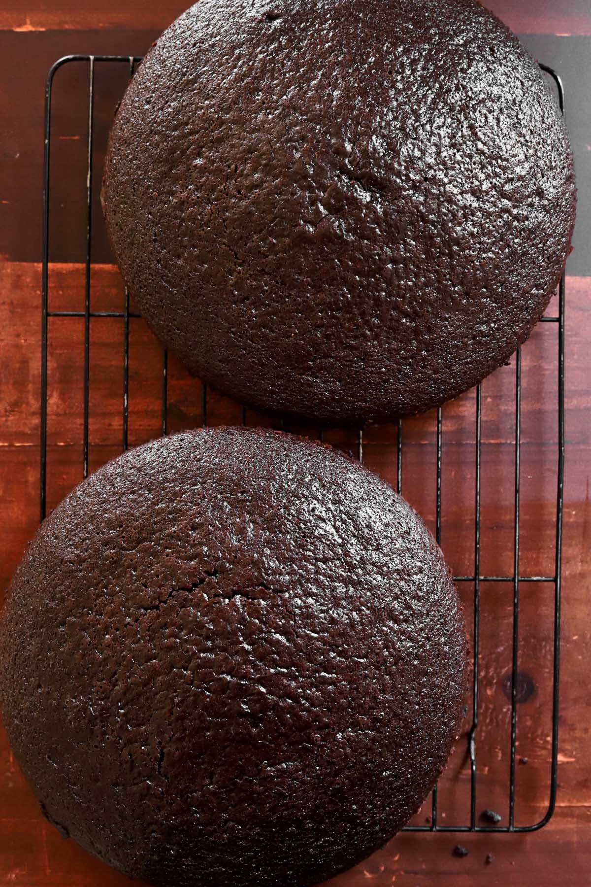 baked best moist chocolate cake on cooling rack
