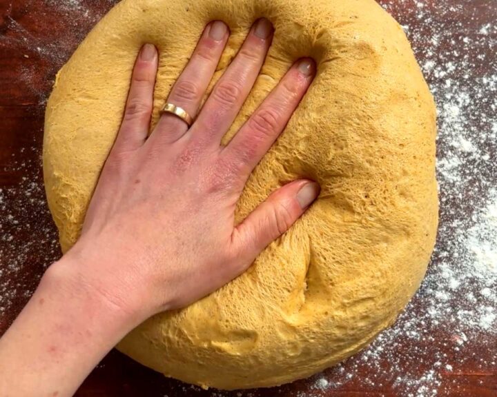 Invert the risen dough onto a lightly floured work surface