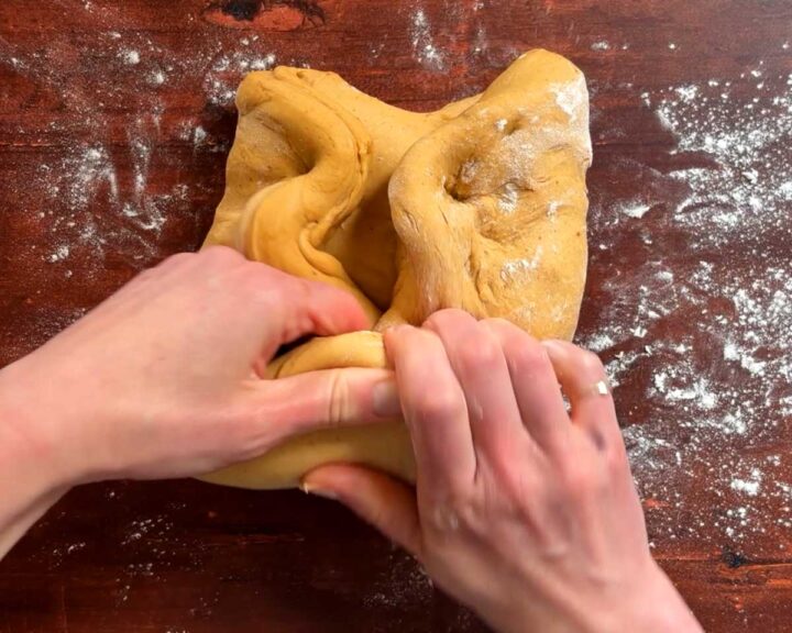 Knead the dough by hand. Fold the stretched dough back onto itself.