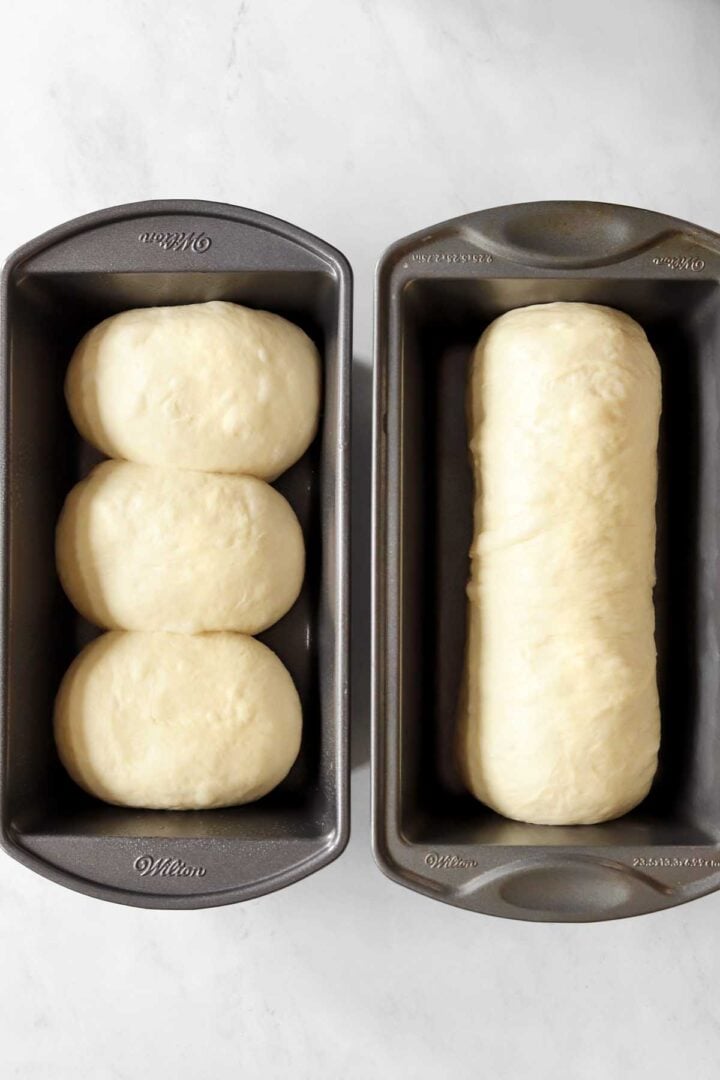 dough shaped and formed in loaf pans ready for second rise before baking