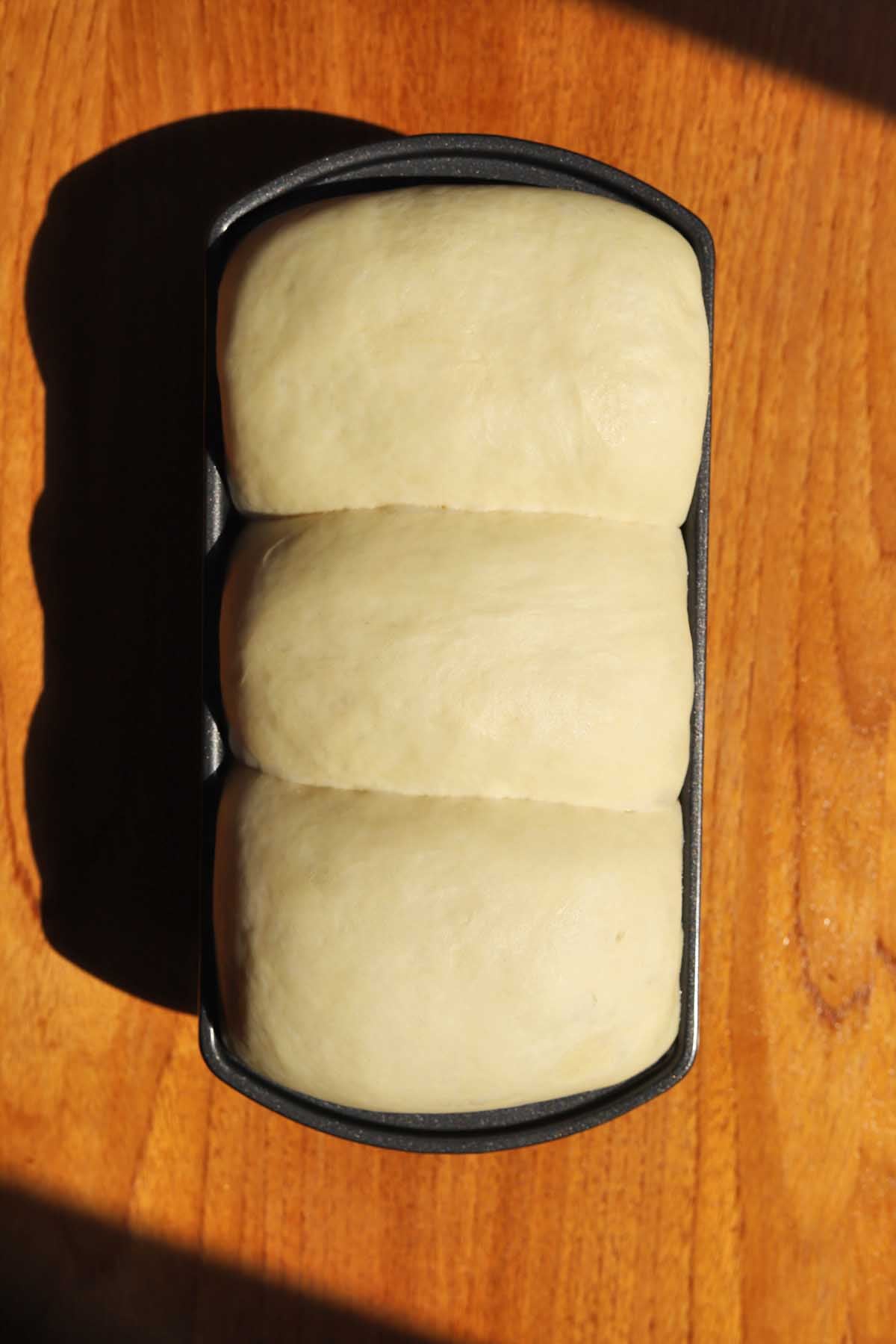 dough shaped and formed in loaf pans after second rise and ready for baking