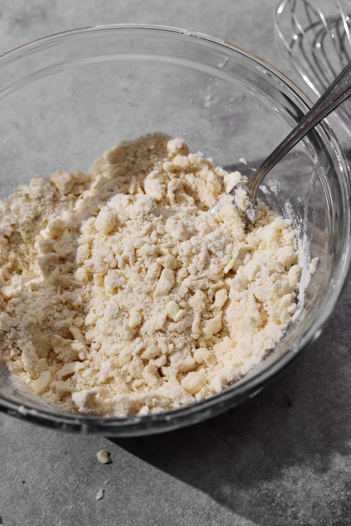 Toss with a fork until the dough is moistened enough just to hold together.