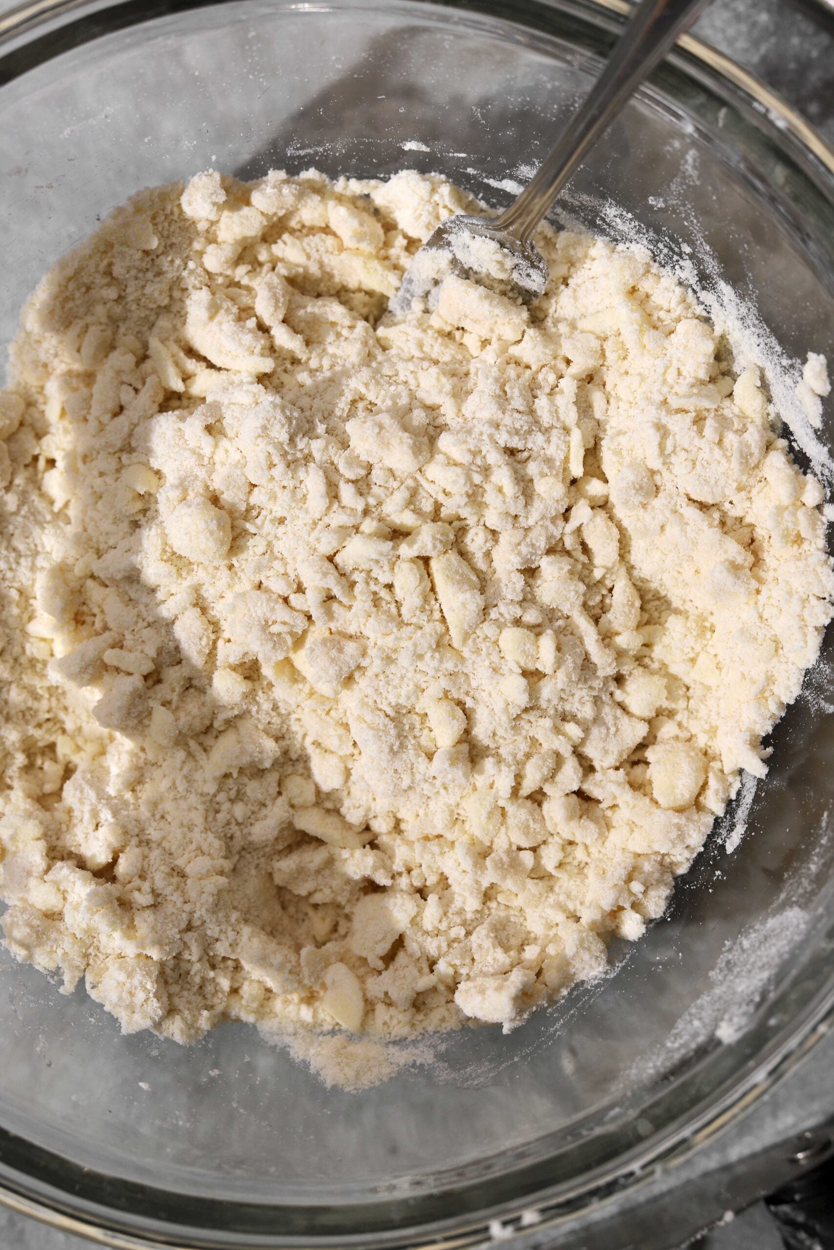 Shaggy mixture that looks like rubble after rubbing in all of the butter.