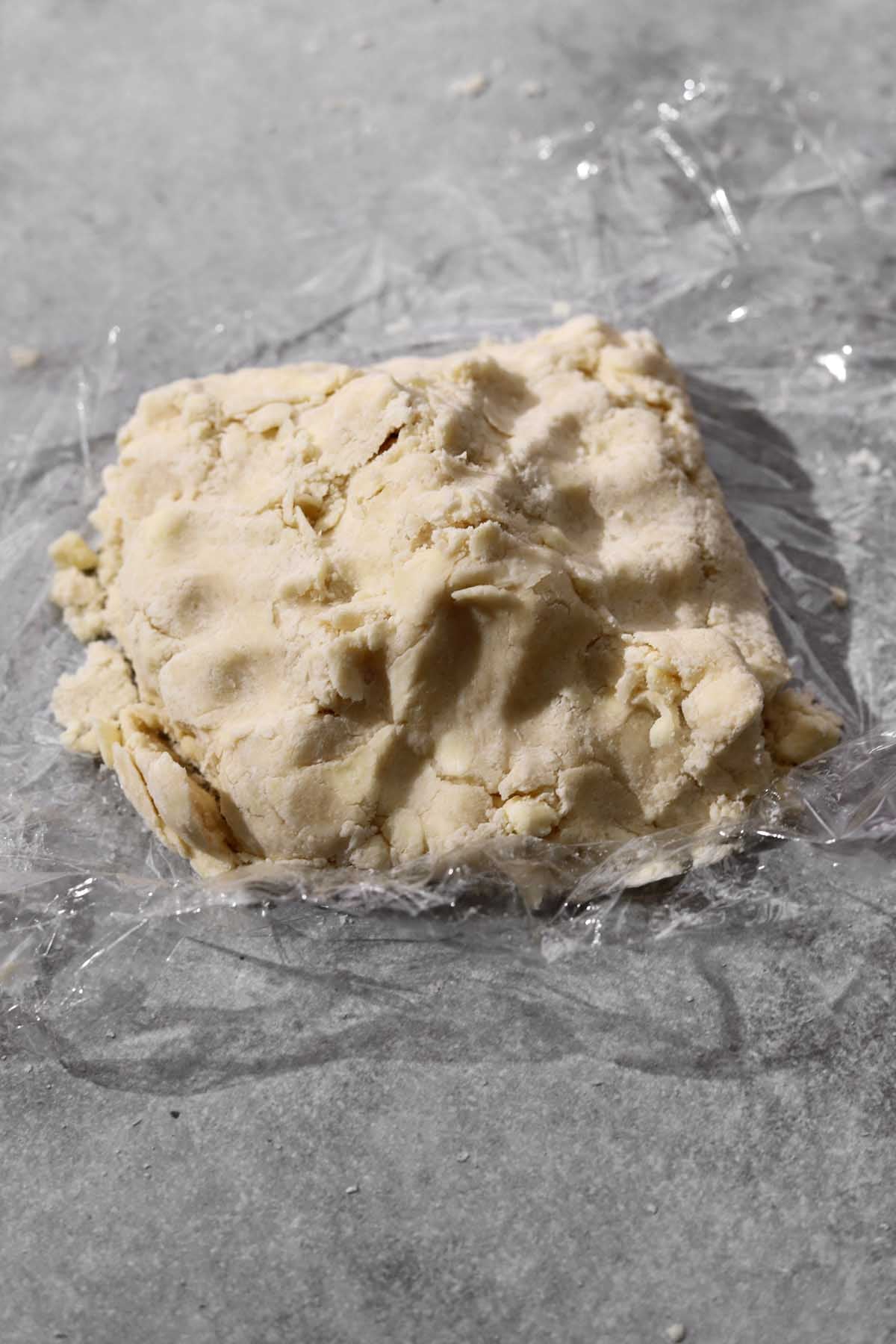 The shaggy dough should hold your fingerprints when squeezed. Now wrap and chill in the fridge.