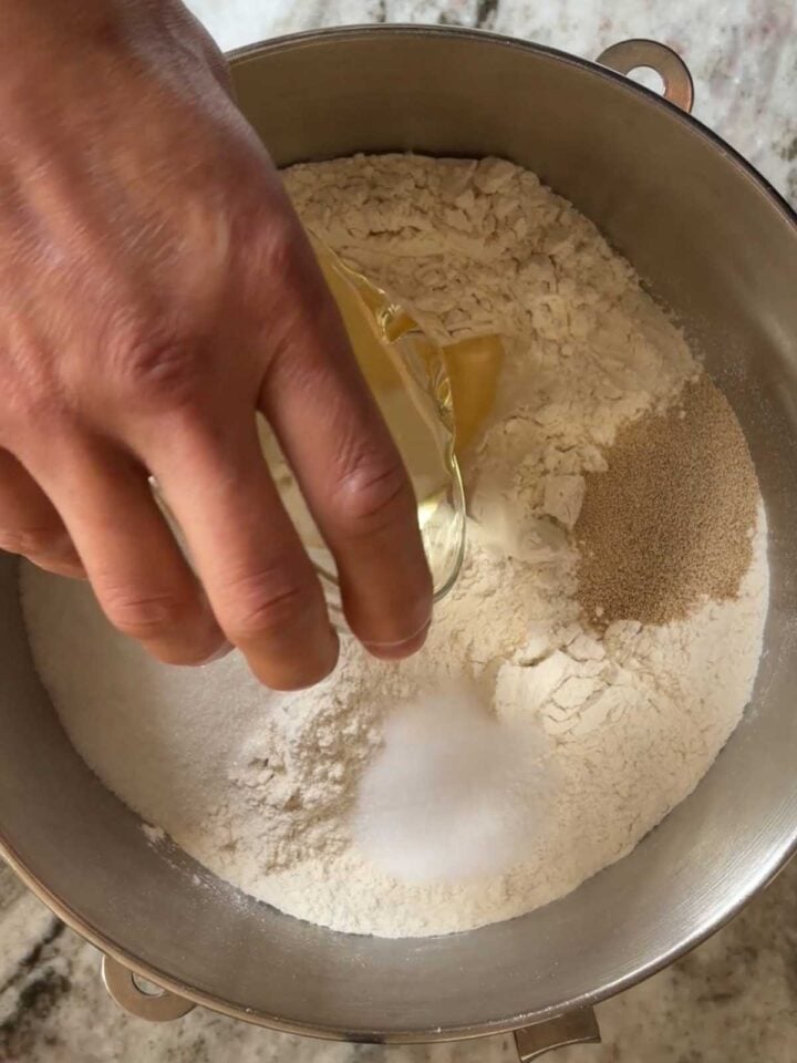Combine all dry ingredients in mixer bowl.