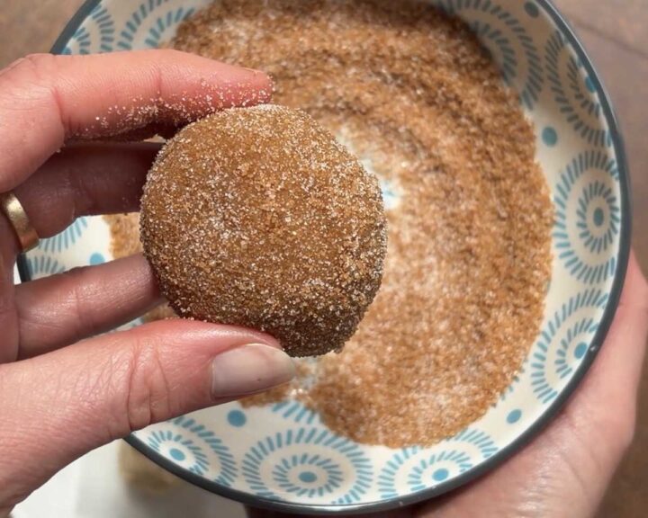 Roll each ball in cinnamon sugar.